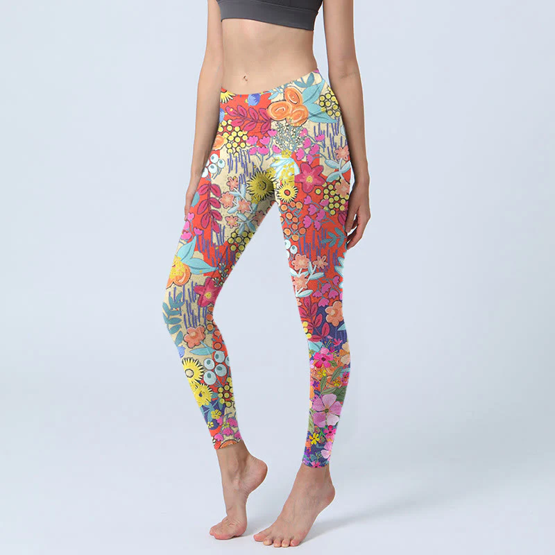 Leggings da palestra per fitness con stampa di fiori colorati Buddha Stones, pantaloni da yoga da donna