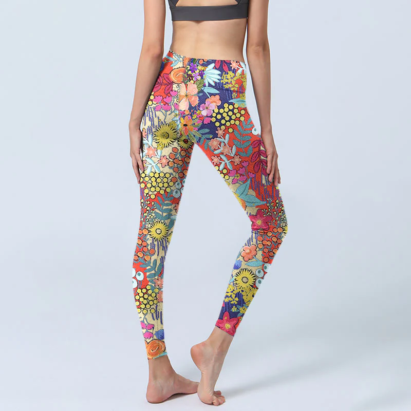Leggings da palestra per fitness con stampa di fiori colorati Buddha Stones, pantaloni da yoga da donna - Image 5