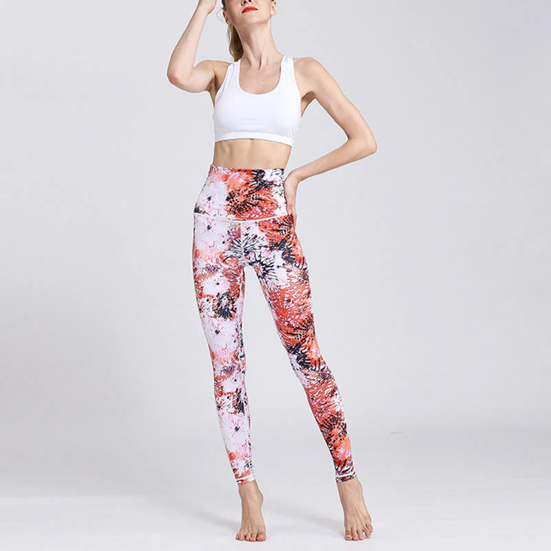 Leggings da yoga a vita alta con stampa di fiori rosa rossi Buddha Stones, pantaloni da yoga da donna - Image 7