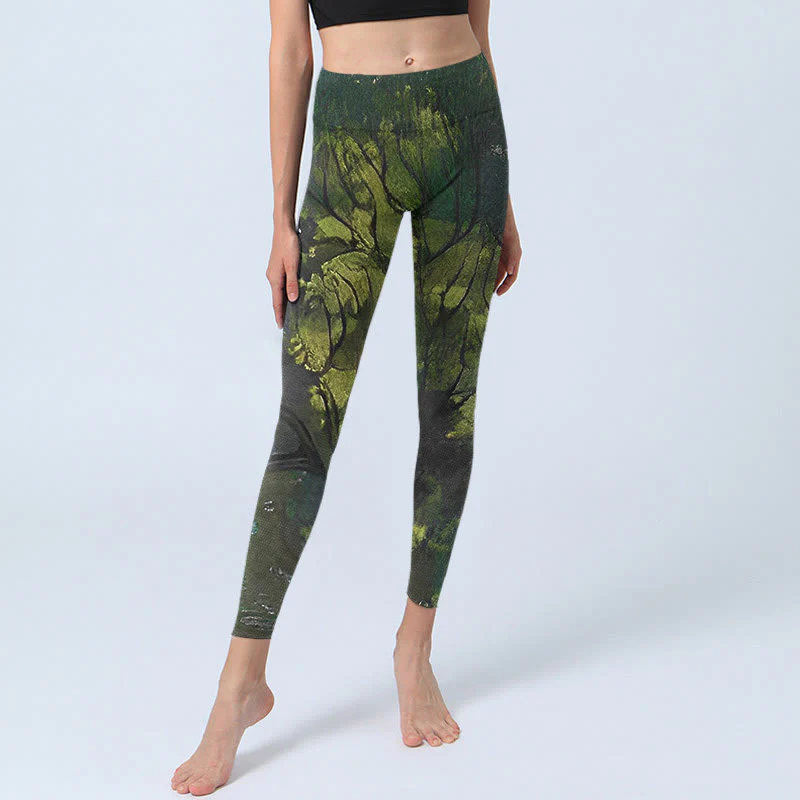 Leggings da yoga da donna con stampa a linee nere e foglie verdi foresta Buddha Stones - Image 6