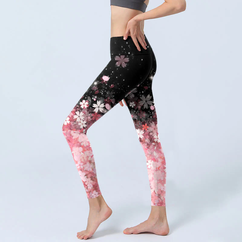 Leggings da yoga da donna con stampa di fiori di ciliegio rosa e Buddha Stones - Image 3