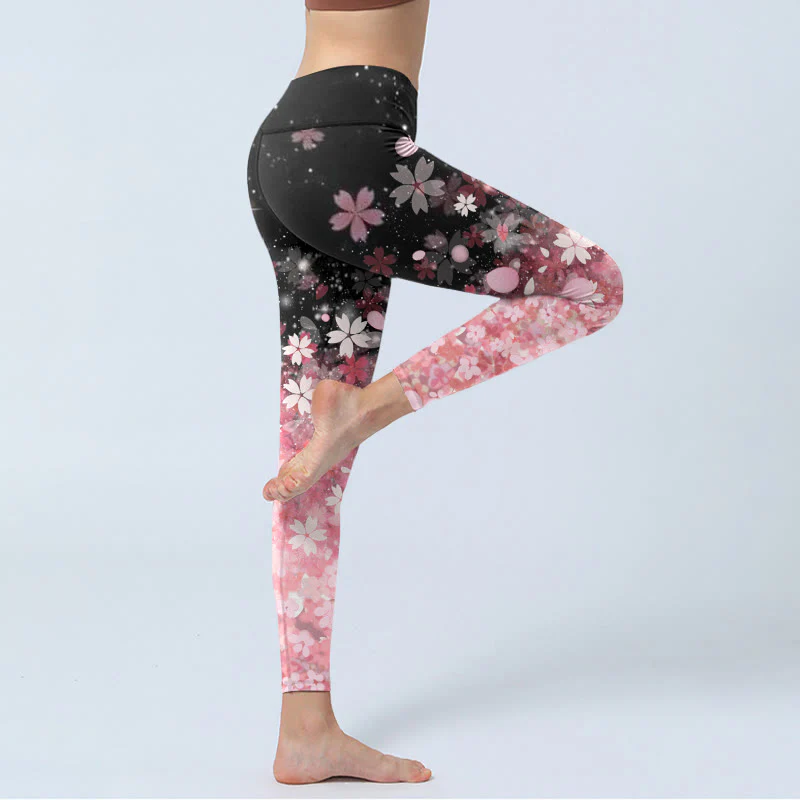Leggings da yoga da donna con stampa di fiori di ciliegio rosa e Buddha Stones - Image 4