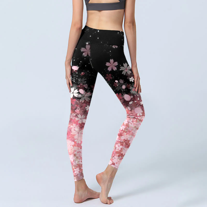 Leggings da yoga da donna con stampa di fiori di ciliegio rosa e Buddha Stones - Image 5