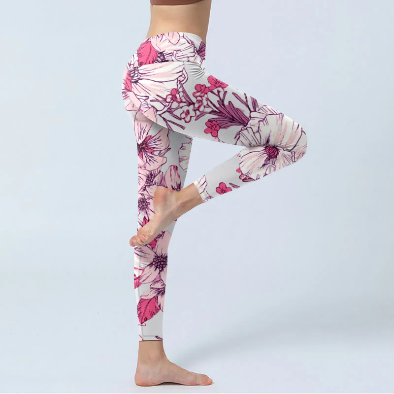 Leggings da yoga da donna con stampa di fiori rossi e rosa Buddha Stones - Image 4