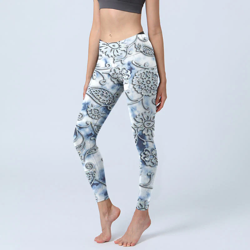 Leggings da yoga da donna con stampa di fiori rotondi bianchi Buddha Stones