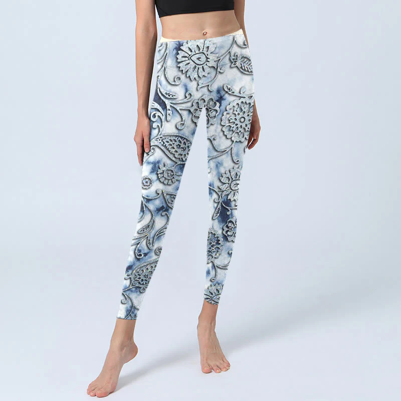 Leggings da yoga da donna con stampa di fiori rotondi bianchi Buddha Stones - Image 6