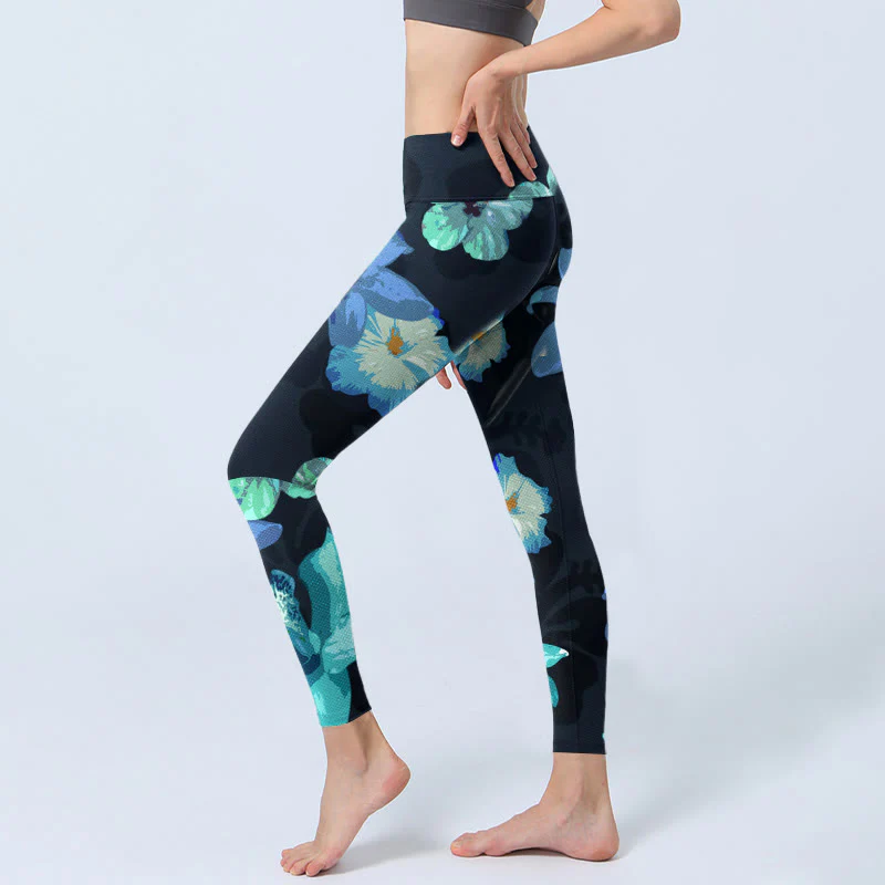 Leggings da yoga da donna con stampa floreale verde e blu Buddha Stones - Image 3