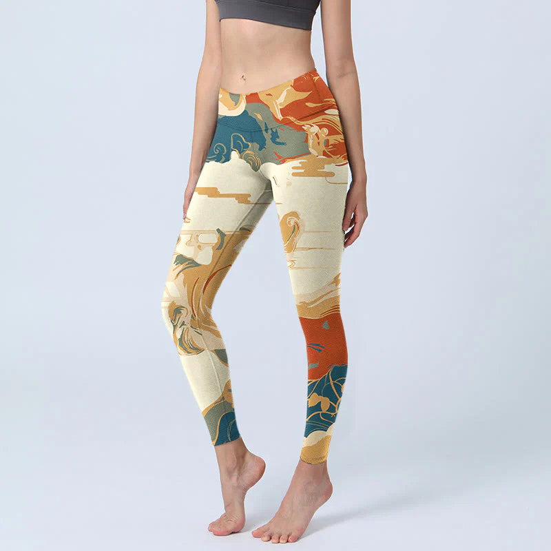 Leggings fitness con stampa di nuvole colorate Buddha Stones, pantaloni da yoga da donna