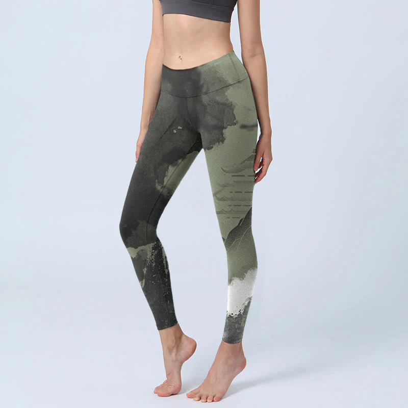 Leggings fitness da donna con stampa a inchiostro Buddha Stones Mountain Pavilion e pantaloni da yoga