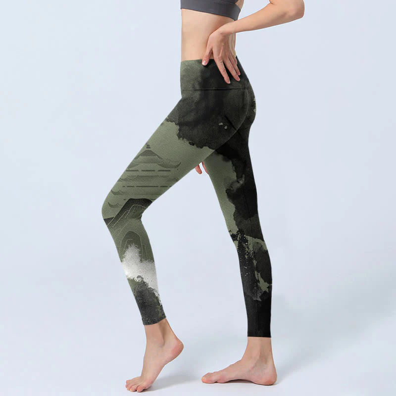 Leggings fitness da donna con stampa a inchiostro Buddha Stones Mountain Pavilion e pantaloni da yoga - Image 4