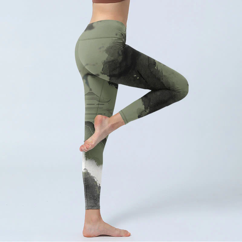 Leggings fitness da donna con stampa a inchiostro Buddha Stones Mountain Pavilion e pantaloni da yoga - Image 5
