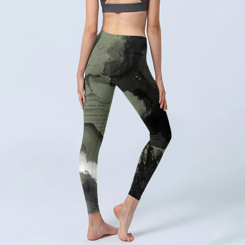Leggings fitness da donna con stampa a inchiostro Buddha Stones Mountain Pavilion e pantaloni da yoga - Image 6