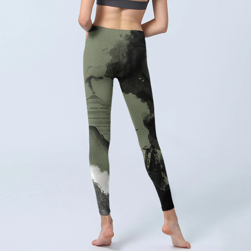 Leggings fitness da donna con stampa a inchiostro Buddha Stones Mountain Pavilion e pantaloni da yoga - Image 8