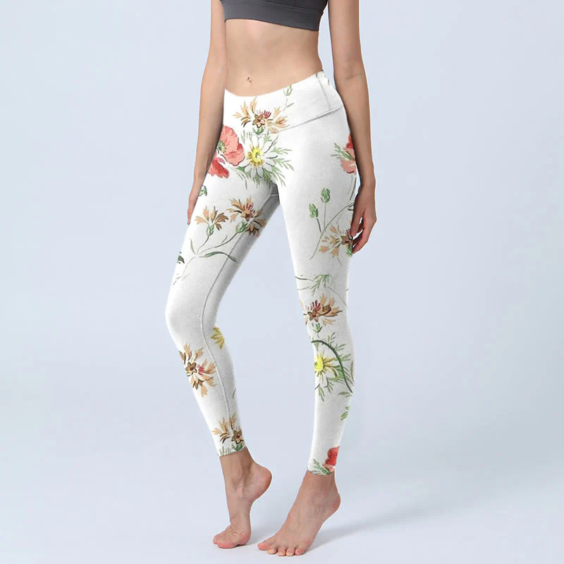 Leggings sportivi con stampa di fiori rossi e margherite bianche Buddha Stones Pantaloni da yoga da donna