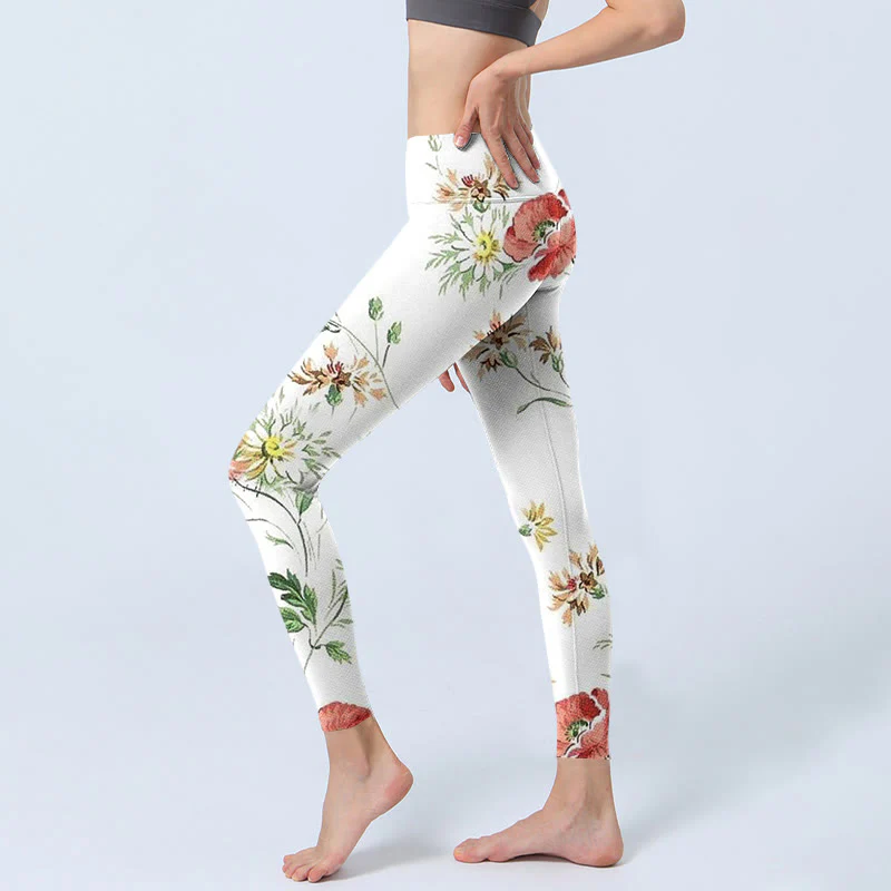 Leggings sportivi con stampa di fiori rossi e margherite bianche Buddha Stones Pantaloni da yoga da donna - Image 3