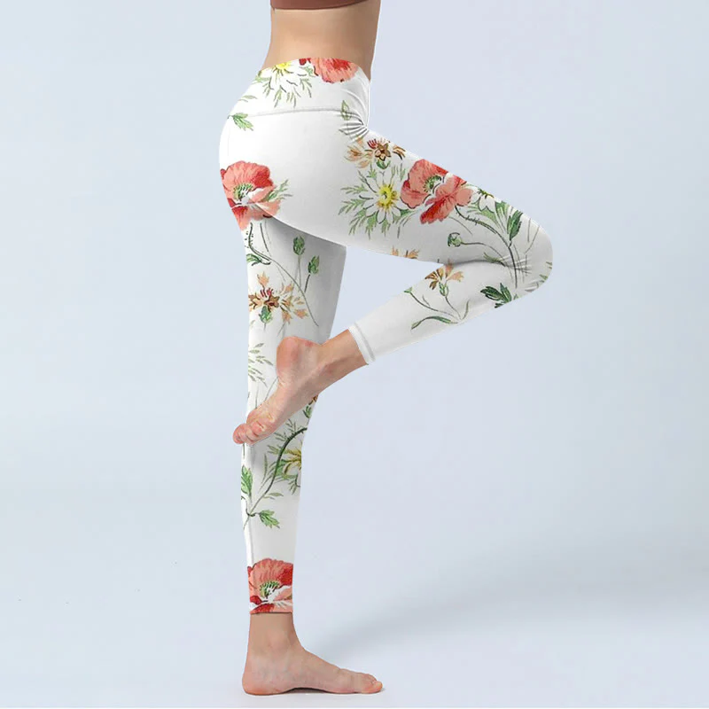 Leggings sportivi con stampa di fiori rossi e margherite bianche Buddha Stones Pantaloni da yoga da donna - Image 4