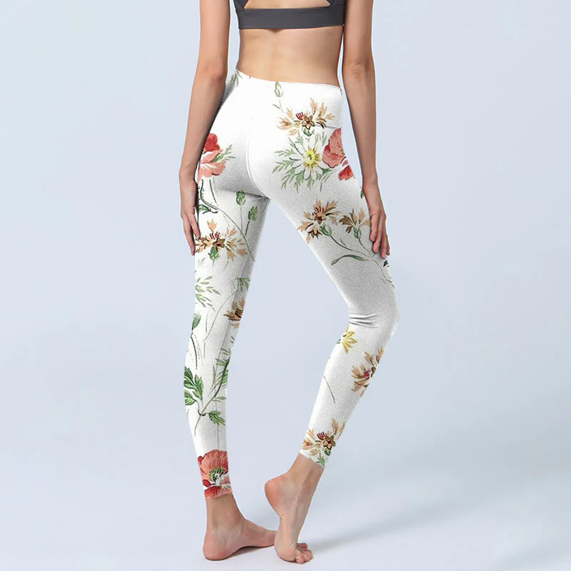Leggings sportivi con stampa di fiori rossi e margherite bianche Buddha Stones Pantaloni da yoga da donna - Image 5