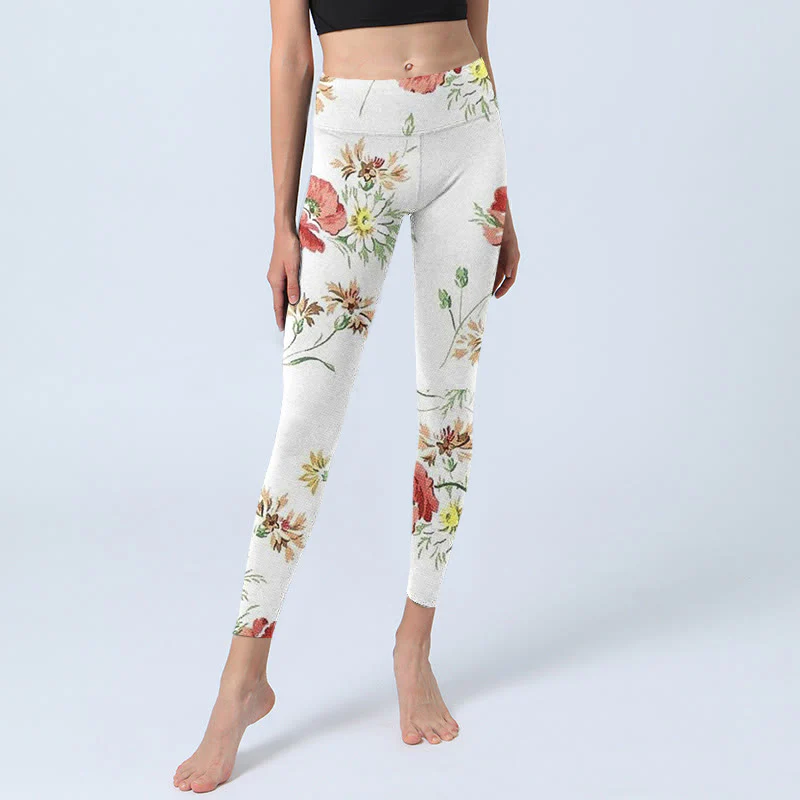 Leggings sportivi con stampa di fiori rossi e margherite bianche Buddha Stones Pantaloni da yoga da donna - Image 6