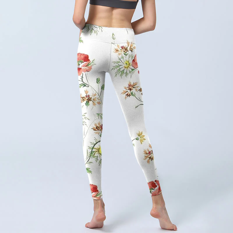 Leggings sportivi con stampa di fiori rossi e margherite bianche Buddha Stones Pantaloni da yoga da donna - Image 7