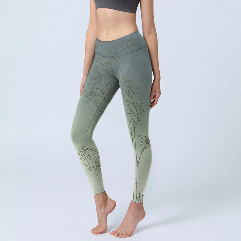 Leggings sportivi con stampa di foglie di bambù Buddha Stones, pantaloni da yoga da donna