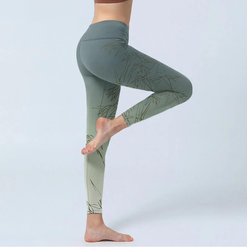 Leggings sportivi con stampa di foglie di bambù Buddha Stones, pantaloni da yoga da donna - Image 4