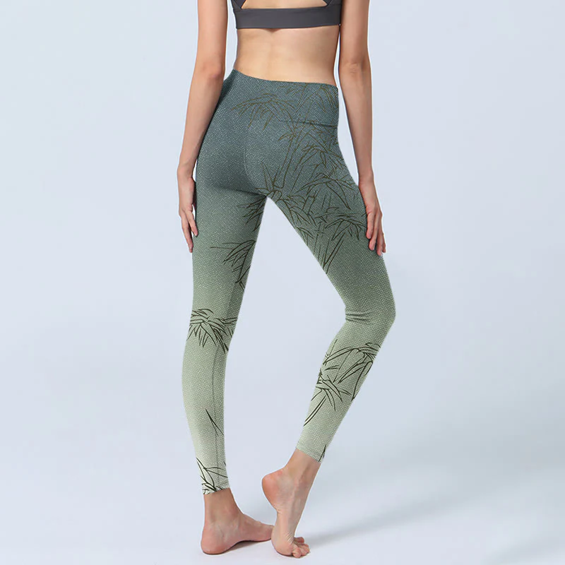 Leggings sportivi con stampa di foglie di bambù Buddha Stones, pantaloni da yoga da donna - Image 5