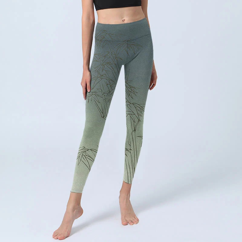 Leggings sportivi con stampa di foglie di bambù Buddha Stones, pantaloni da yoga da donna - Image 6