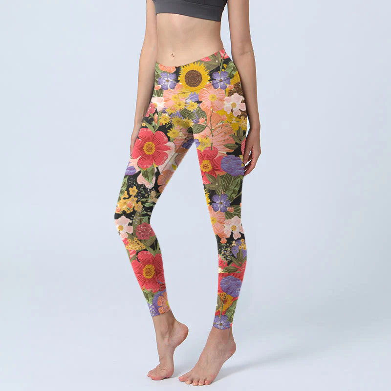 Leggings sportivi da fitness con stampa di Buddha Stones Girasoli Rosa Viola Fiori Pantaloni da yoga da donna