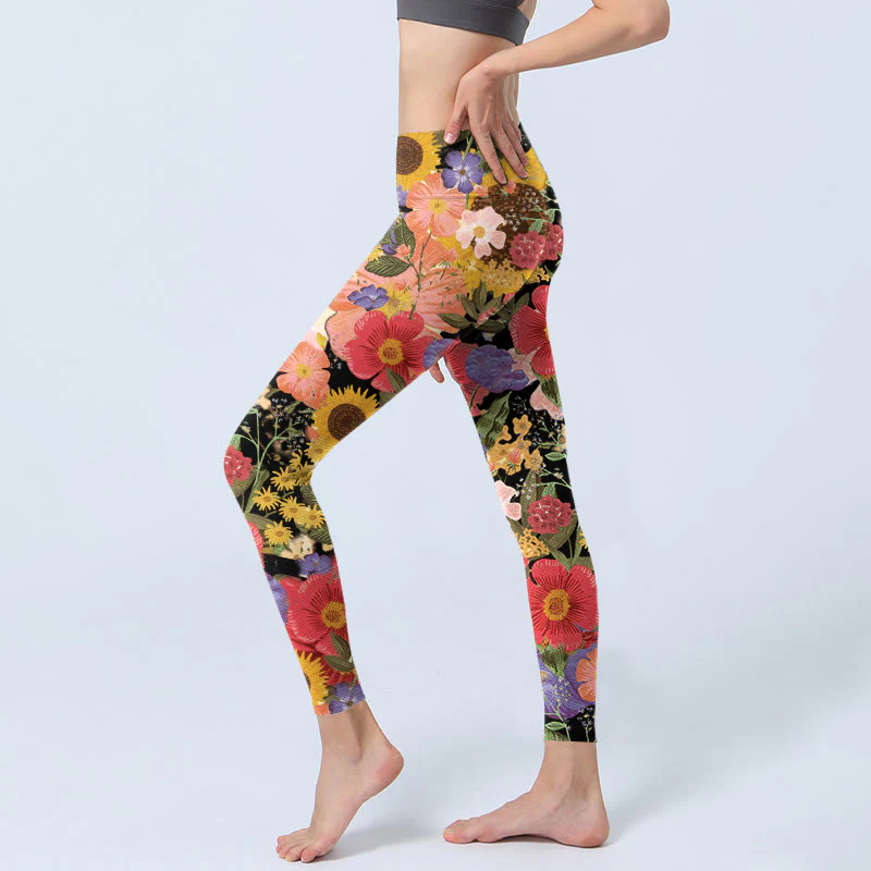Leggings sportivi da fitness con stampa di Buddha Stones Girasoli Rosa Viola Fiori Pantaloni da yoga da donna - Image 3