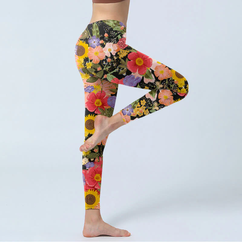 Leggings sportivi da fitness con stampa di Buddha Stones Girasoli Rosa Viola Fiori Pantaloni da yoga da donna - Image 4