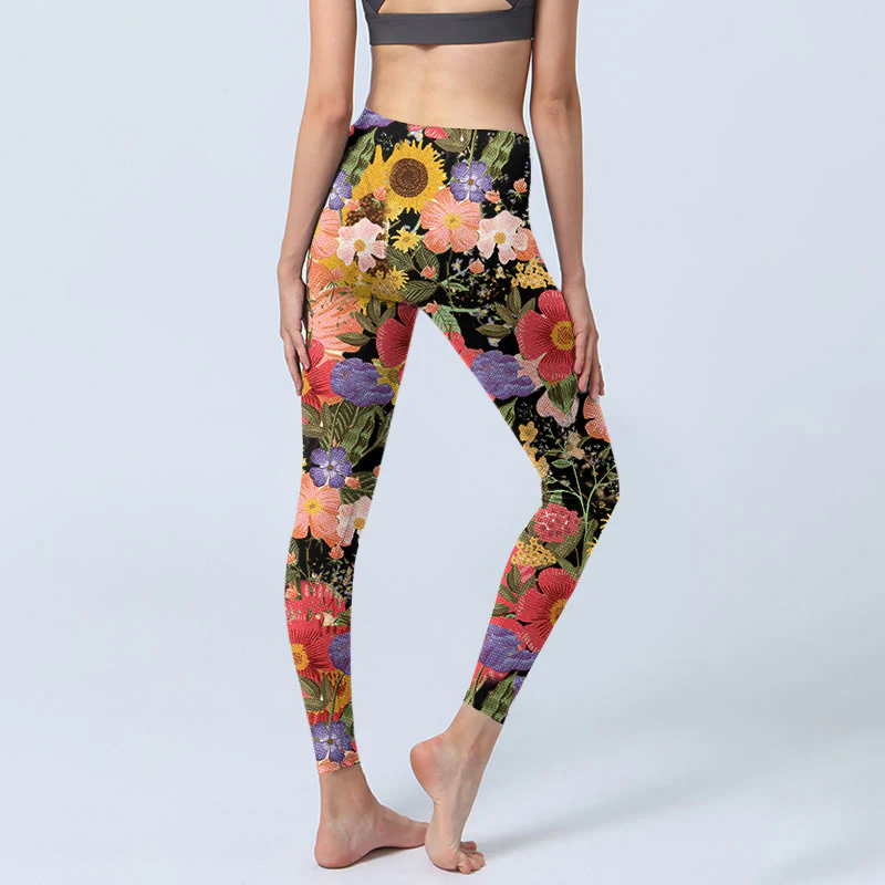 Leggings sportivi da fitness con stampa di Buddha Stones Girasoli Rosa Viola Fiori Pantaloni da yoga da donna - Image 5