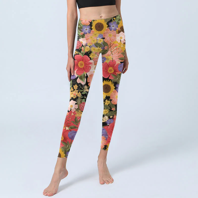 Leggings sportivi da fitness con stampa di Buddha Stones Girasoli Rosa Viola Fiori Pantaloni da yoga da donna - Image 6