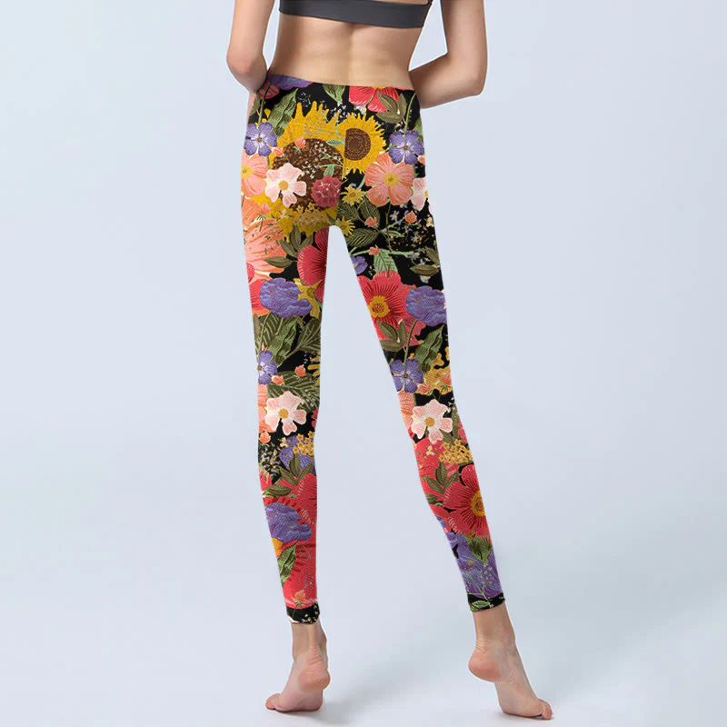 Leggings sportivi da fitness con stampa di Buddha Stones Girasoli Rosa Viola Fiori Pantaloni da yoga da donna - Image 7