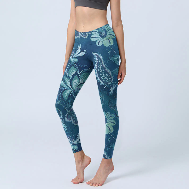 Leggings sportivi da fitness con stampa di fiori blu e Buddha Stones, pantaloni da yoga da donna