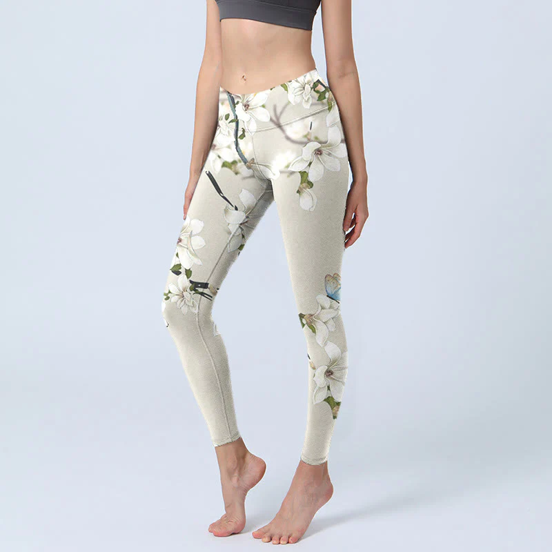 Leggings sportivi da fitness con stampa di fiori di magnolia bianca Buddha Stones Pantaloni da yoga da donna