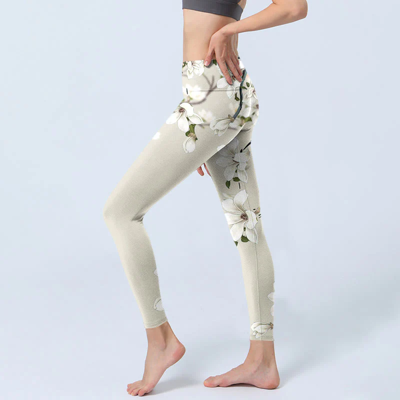 Leggings sportivi da fitness con stampa di fiori di magnolia bianca Buddha Stones Pantaloni da yoga da donna - Image 3