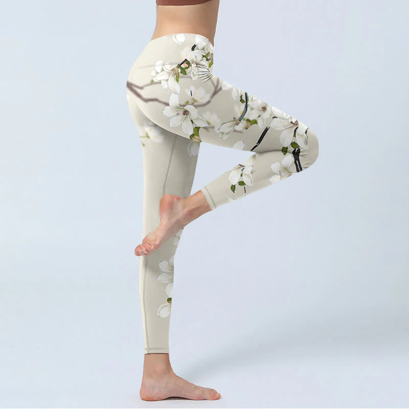 Leggings sportivi da fitness con stampa di fiori di magnolia bianca Buddha Stones Pantaloni da yoga da donna - Image 4