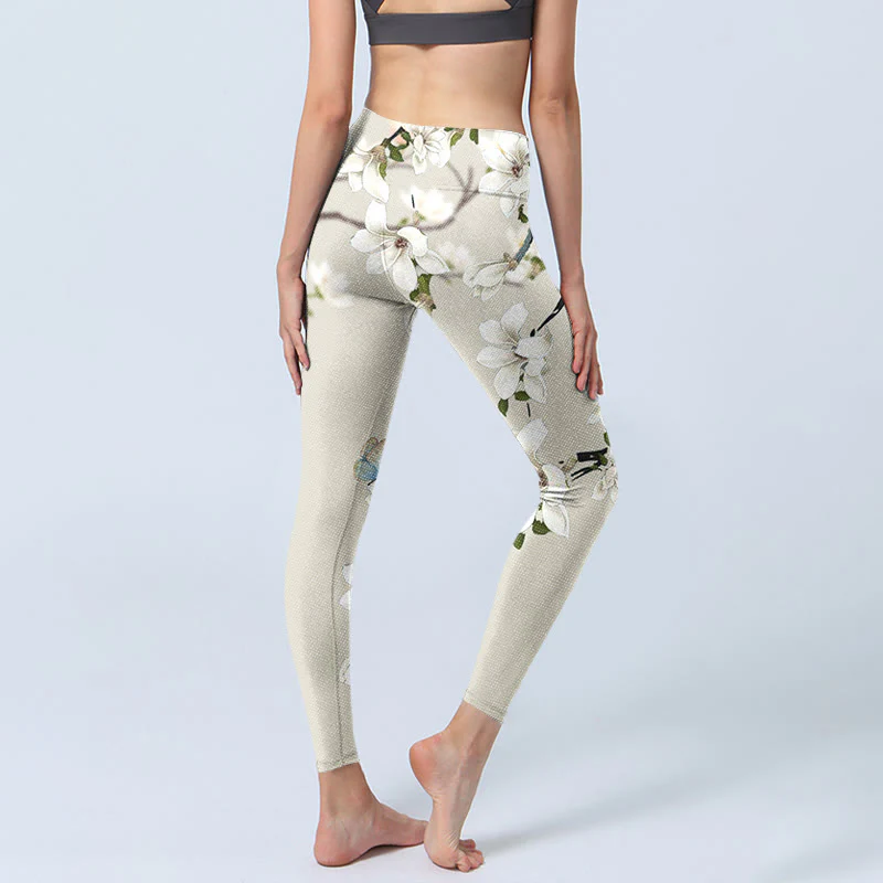 Leggings sportivi da fitness con stampa di fiori di magnolia bianca Buddha Stones Pantaloni da yoga da donna - Image 5