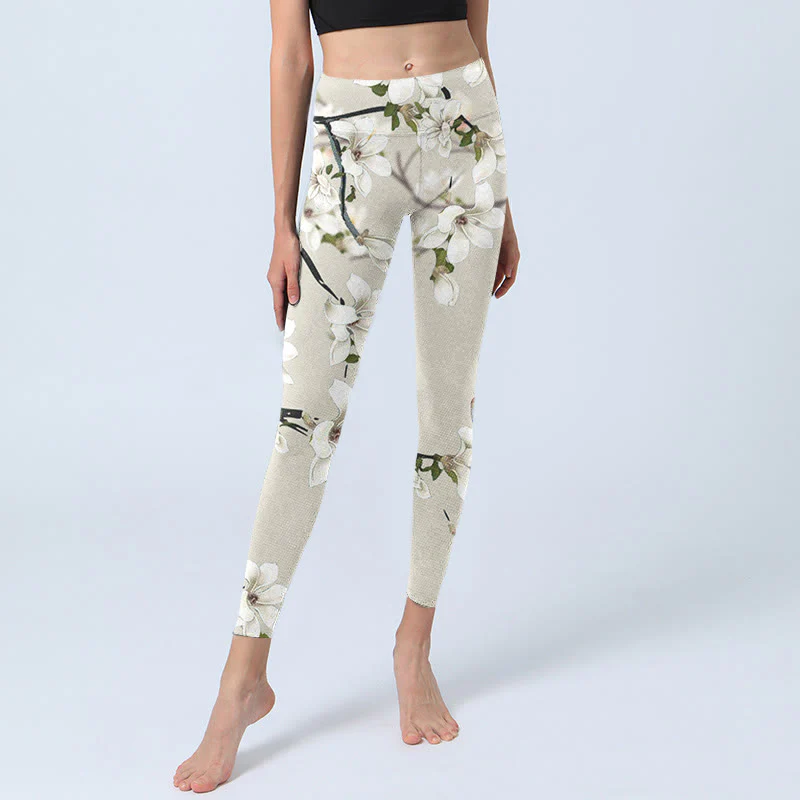 Leggings sportivi da fitness con stampa di fiori di magnolia bianca Buddha Stones Pantaloni da yoga da donna - Image 6
