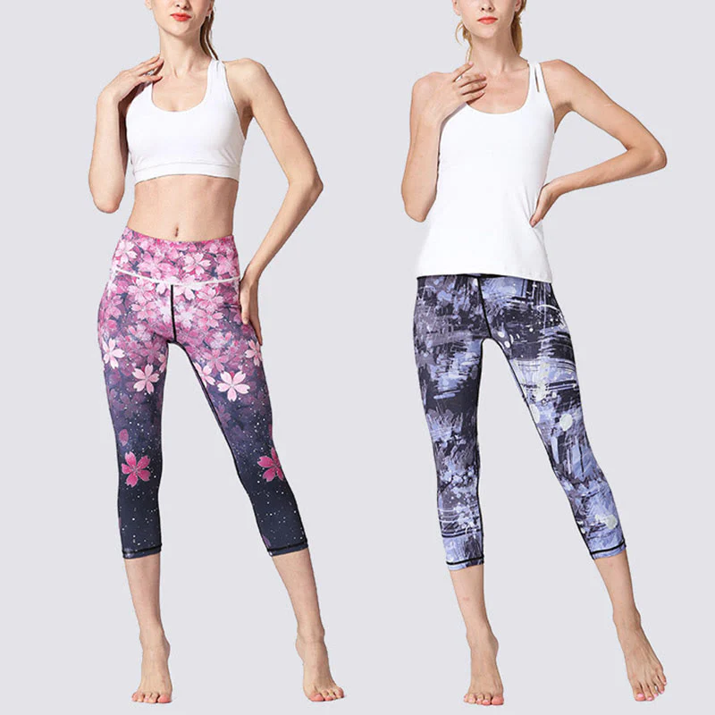 Leggings sportivi da yoga con stampa Buddha Stones Cherry Blossoms Sakura Lines Pantaloni capri da yoga da donna - Image 14