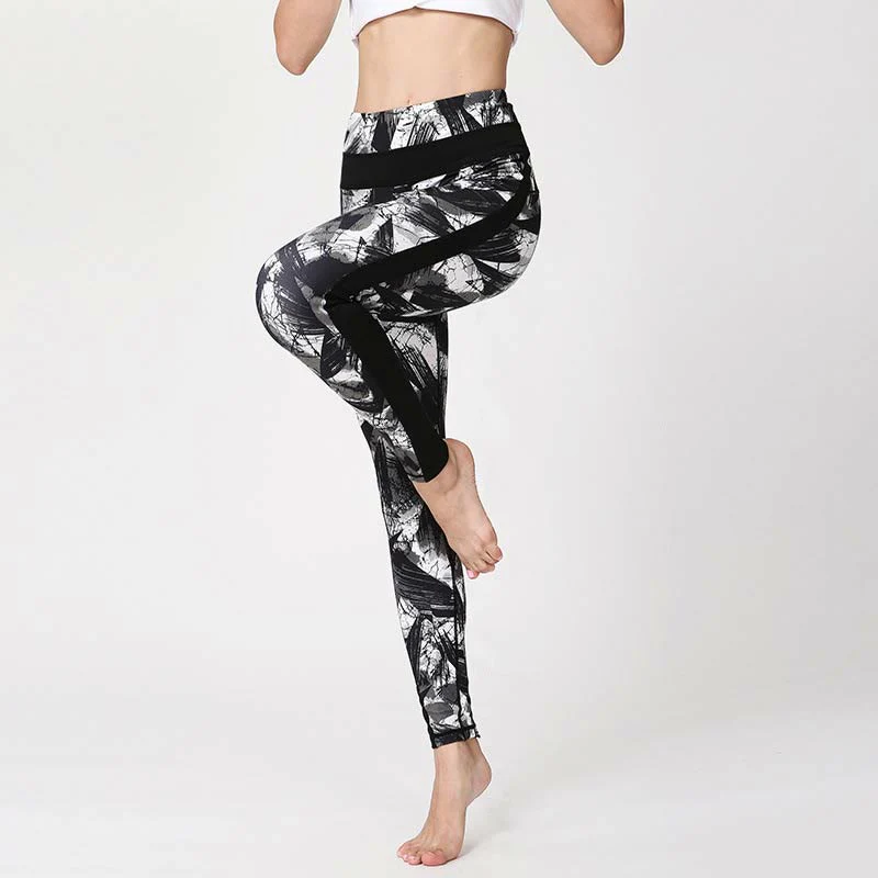 Leggings sportivi in rete da fitness, pantaloni da yoga da donna, con stampa di linee di pennello e inchiostro nero e pietre Buddha Stones - Image 11