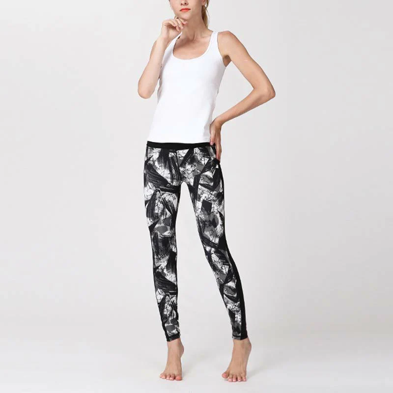 Leggings sportivi in rete da fitness, pantaloni da yoga da donna, con stampa di linee di pennello e inchiostro nero e pietre Buddha Stones - Image 12