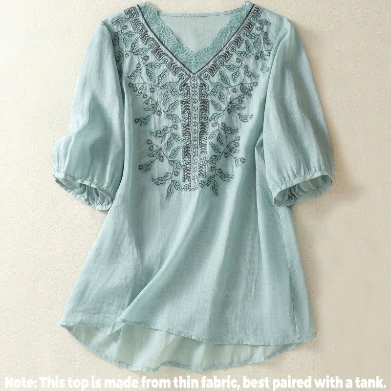Maglietta casual da donna in cotone e lino con maniche corte, in pizzo ricamato con Buddha Stones - Image 10