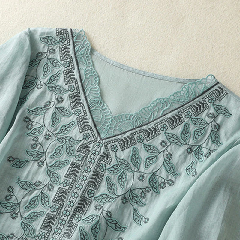 Maglietta casual da donna in cotone e lino con maniche corte, in pizzo ricamato con Buddha Stones - Image 14
