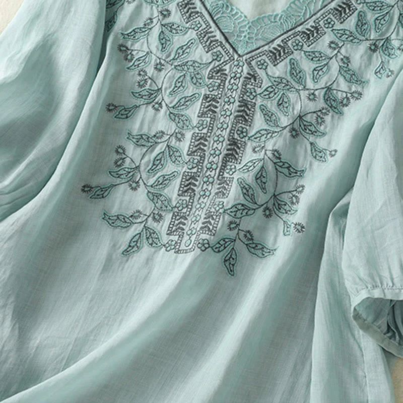 Maglietta casual da donna in cotone e lino con maniche corte, in pizzo ricamato con Buddha Stones - Image 16