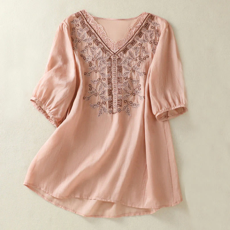 Maglietta casual da donna in cotone e lino con maniche corte, in pizzo ricamato con Buddha Stones - Image 20