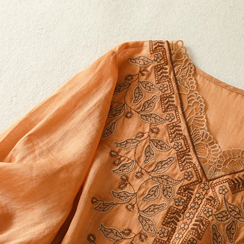 Maglietta casual da donna in cotone e lino con maniche corte, in pizzo ricamato con Buddha Stones - Image 3