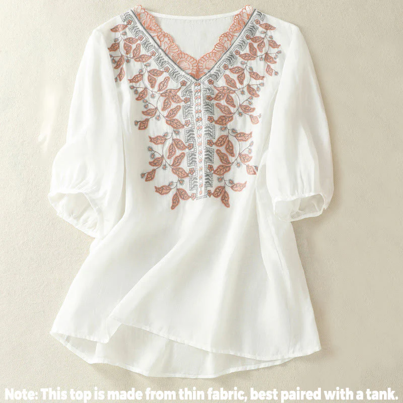 Maglietta casual da donna in cotone e lino con maniche corte, in pizzo ricamato con Buddha Stones - Image 31