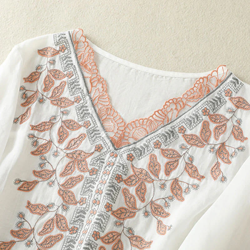 Maglietta casual da donna in cotone e lino con maniche corte, in pizzo ricamato con Buddha Stones - Image 32