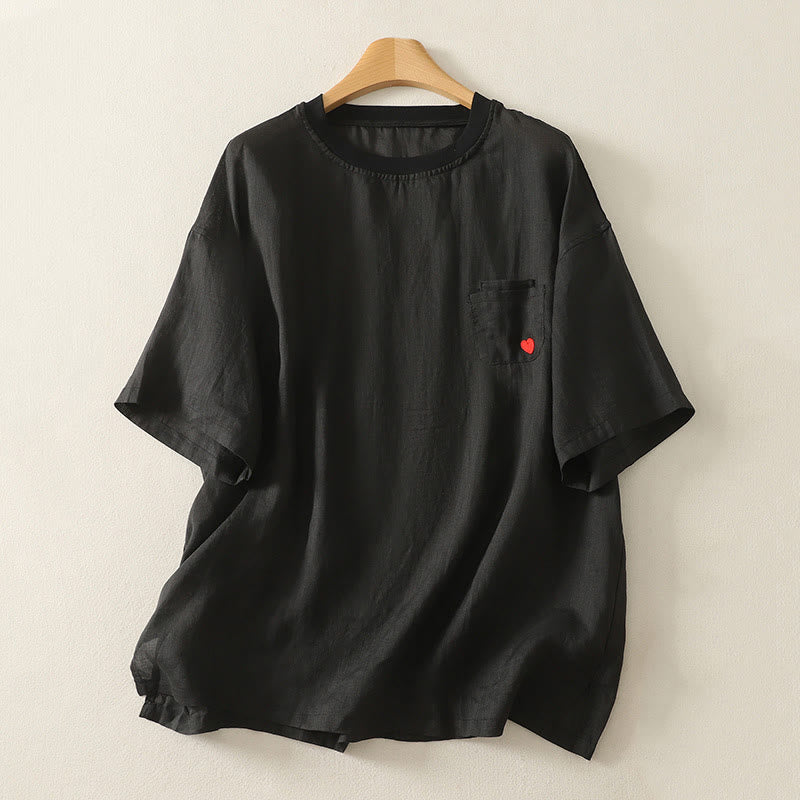 Maglietta casual da donna in cotone e lino con ricamo Buddha Stones e cuore rosso a maniche corte - Image 14